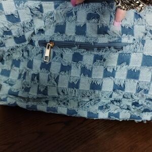 Blue Checkered Denim Shoulder Bag with Gold Zipper